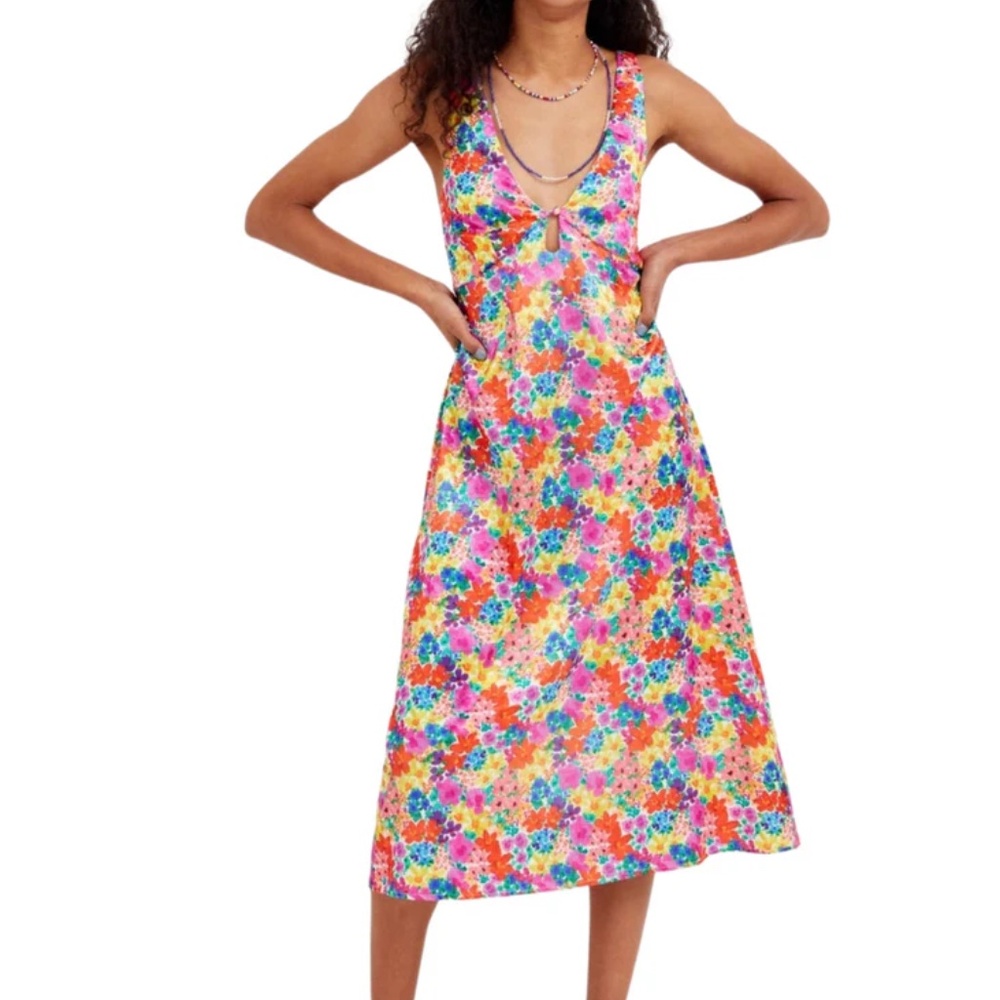 For Love & Lemons Merrill Midi Dress Cutout Tie-Back Bright Floral Size Medium